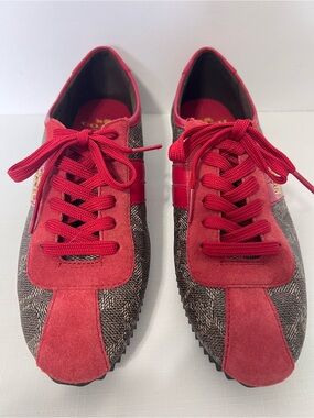 Coach Ivy Signature C Logo  Brown Leather Red Suede Trim Lace-Up Sneakers Y2K 6